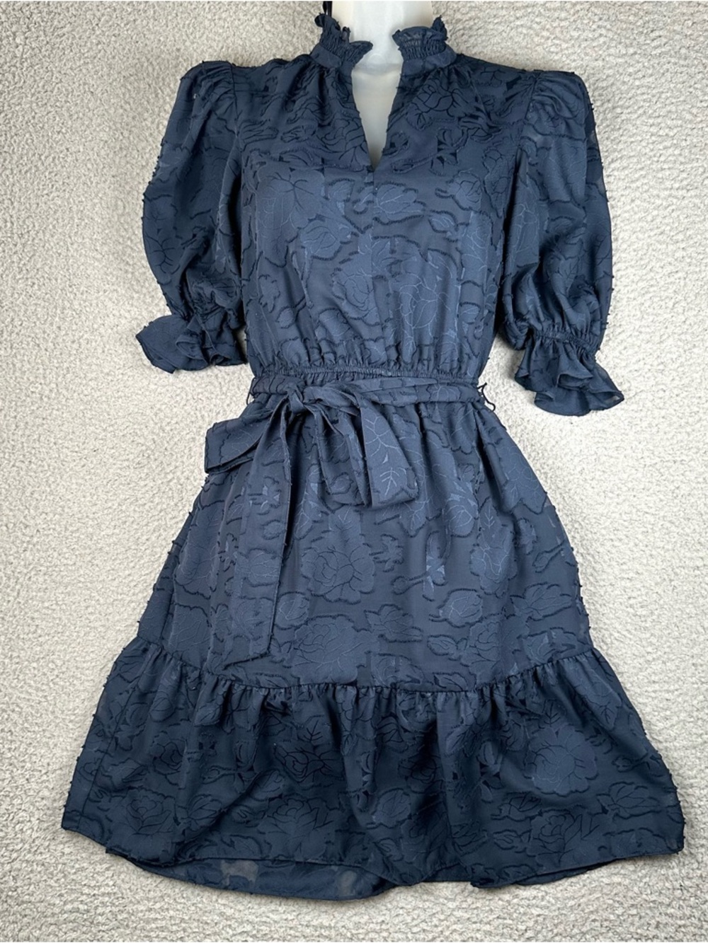 Eliza J Floral Jacquard Dress Women's 0 Blue Belted Puff Victorian Feminine